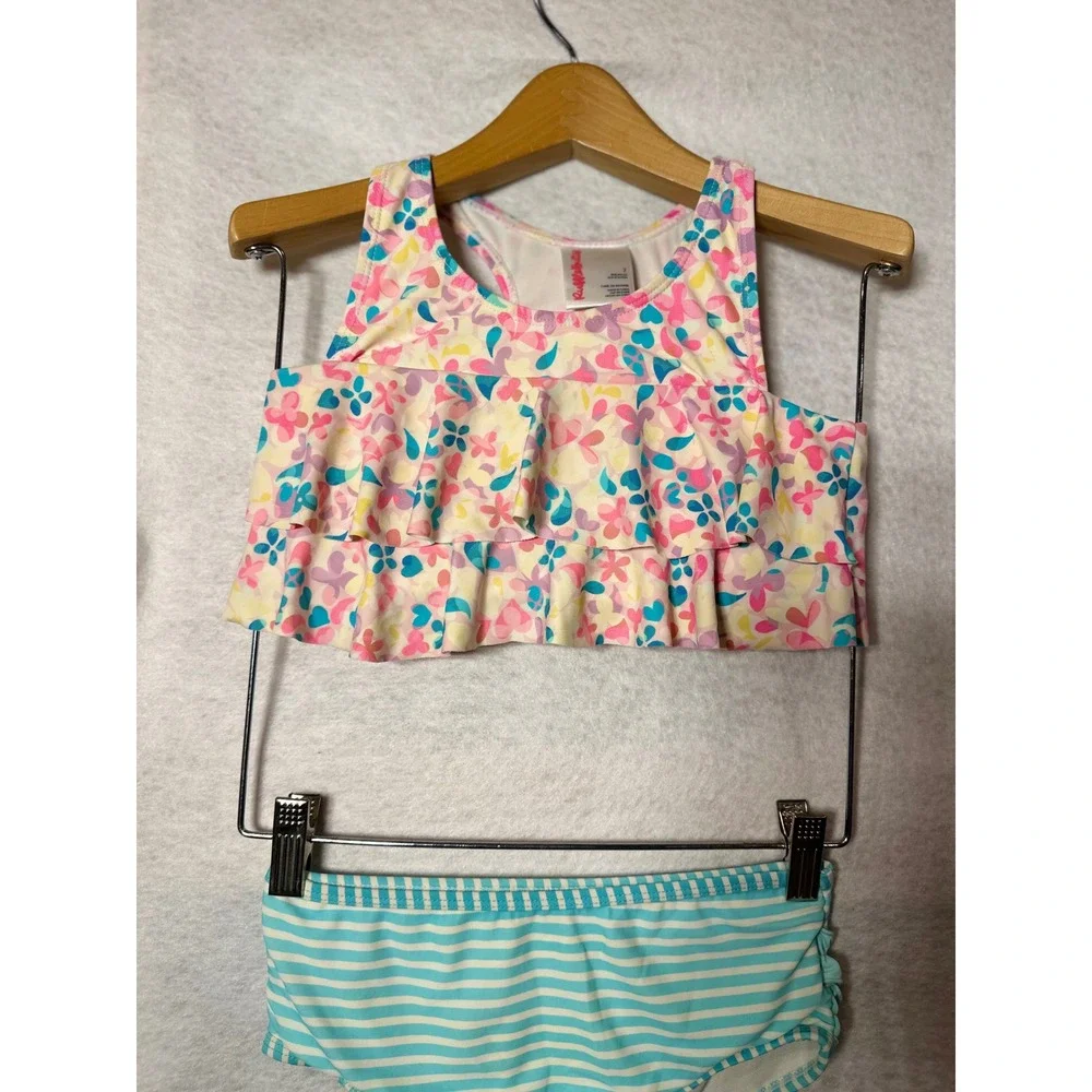 RuffleButts Girls Two Piece Swimsuit Floral Heart Stripe Ruffle Tankini Size 7